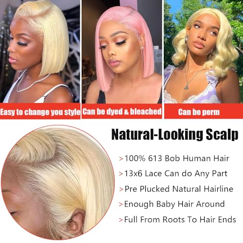 Brazilian 14 Inch Straight Blonde Bob Wig Human Hair 613 Lace Front Wig Human Hair 180% Density Pre Plucked 13x6 HD Transparent Lace Front Wig With Baby Hair 613 Blonde Lace Frontal Wigs for Women