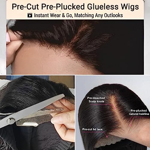 Wear and Go Glueless Bob Wig Human Hair Straight, 6x4 Pre-Cut HD Lace Glueless Wigs Pre-Plucked, Transparent Lace Front Closure Wigs for Women 180% Density 14 inch