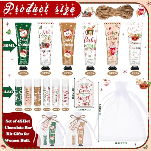 Demissle 48 Pcs Christmas Hot Cocoa Supplies Xmas Party Stuffers Christmas Stocking Favors Xmas Red Green Hand Cream and Lip Balm Gifts Set for Baby Shower Guests