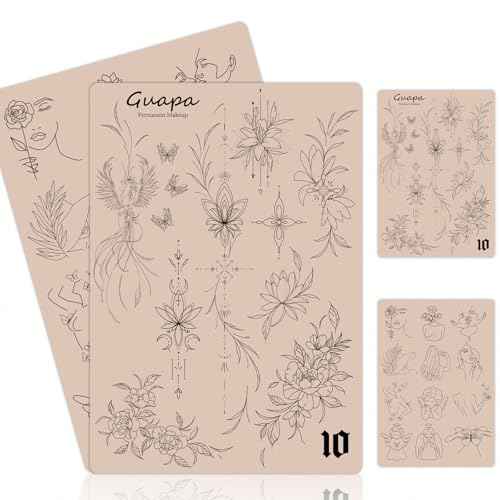 2PCS Double-Sided Tattoo Practice Skin with Pre-Printed Light Gray Stencil Designs ?1.5mm Thick Silicone Pad for Fine Line & Tiny Tattoo Training (2PCS Pink Pad #10)