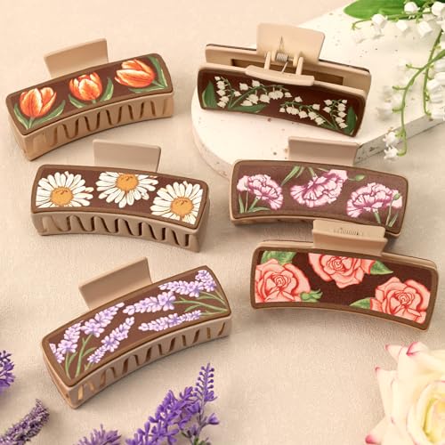 Floral Western Hair Claw Clips for Women Large Clip For Thick Hair Flowers Big Hair Clips for Women 6PCS Vintage Matte Leather Hairpins Long Hair Bridesmaid Proposal Spring Gift for Girlfriend
