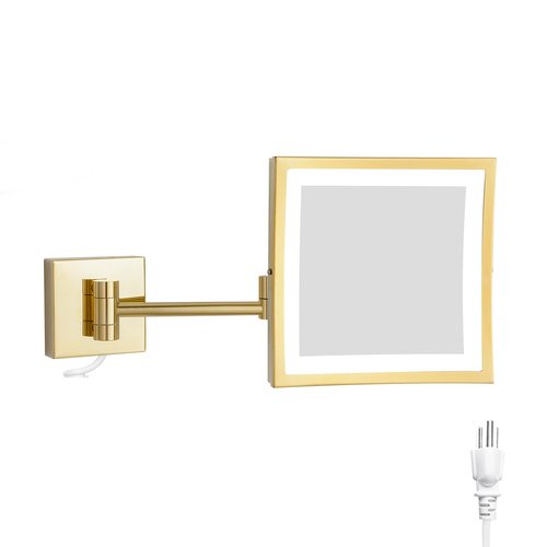 DOWRY Wall Mounted LED Lighted 5X Magnifying Square Makeup Mirror with Plug,8 Inch, Polished Gold Finished Dowry1802D-8x5
