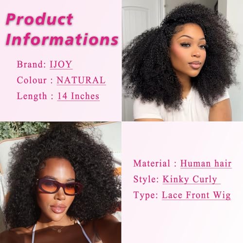 ijoy Kinky Curly Wig Human Hair 13x4 Lace Front Wigs 180 Density, 14 Inch Pre Plucked Afro Curly Human Hair Wig for Women, Natural Black, 4a/4b, Full and Thick(14inch)