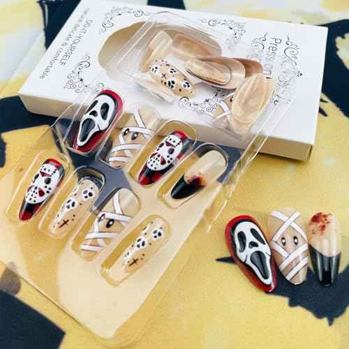 Halloween Press on Nails Medium Almond Fake Nails Horror Ghost Design Skull Mummy Bandage Full Cover Stick on Nail Black French Tip Glue on Nails Gothic Halloween Handmade Nails for Women 24Pcs
