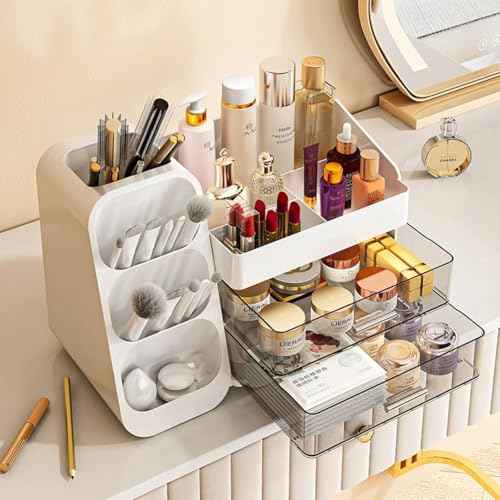 Makeup Organizer with Drawers for Vanity,Spacious Cosmetic Display Case,Perfect Storage Solution for Your Beauty Essential (White)
