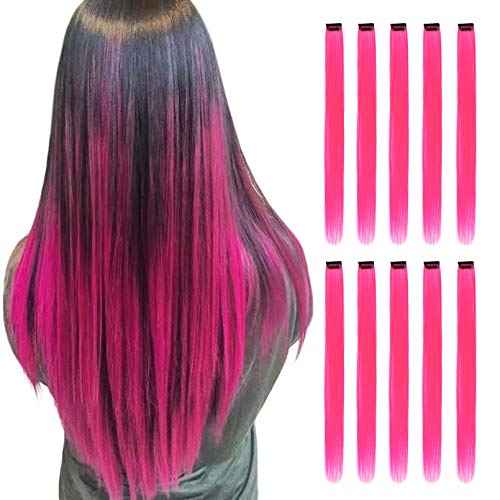 Pink Hair Extensions Clip in, 22 Inch 10 Pcs Long Straight Colored, for Kids Girls Women Highlight Party, Synthetic