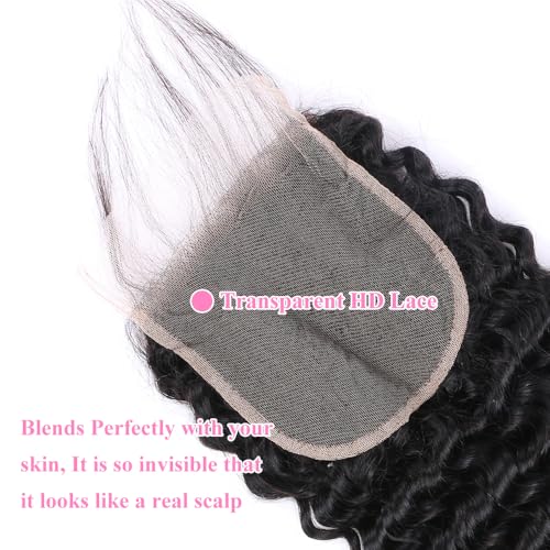 5x5 HD Lace Closure Deep Wave Ultra-thin Transparent HD Lace Closure 12A Brazilian Virgin Human Hair Closure Free Part Pre Plucked with Baby Hair Natural Black 22 Inch