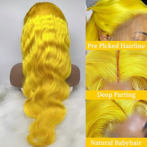 26 Inch Yellow Lace Front Wig Human Hair 200% Density Blonde Wig Human Hair Body Wave Lace Front Wigs Human Hair Pre Plucked 13x4 HD Lace Frontal Wig Yellow Colored Wigs Human Hair Glueless Wig
