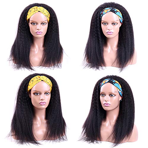 Headband Wigs Human Hair 180% Density 12A Kinky Straight Human Hair Headband Wigs For Black Women Yaki Straight Human Hair Wigs With Headband Attached Natural Black Color 18 Inch