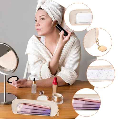 Small Clear Makeup Bag, PU Leather Travel Makeup Brush Case Portable Transparent Waterproof Cosmetic Organizer Pouch with Zipper for Women Home Travel Office Makeup Storage (White)
