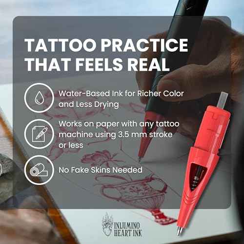 Inlumino Heart Ink Ballpoint Pen Cartridges ? Saturated Red Ink (6 Pack) ? Tattoo Practice Cartridges for Rotary Tattoo Machines ? Water-Based Ink with Bold Color ? Fake Skin Alternative