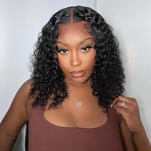 ISEE Wear and Go Glueless Wigs Bob Wigs Human Hair Pre Plucked Water Wave Lace Front Wigs Human Hair Upgraded No Glue Transparent Lace Closure Wigs Human Hair for Women Natural Black 14 Inch