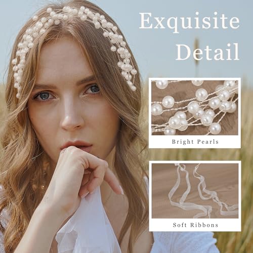 White Pearl Headpiece Elegant Bridal Headband Layered Ribbons Wedding Crown Circlet Multi-Layer Beaded Princess Hair Accessories for Bride Bridesmaid Flower Girl