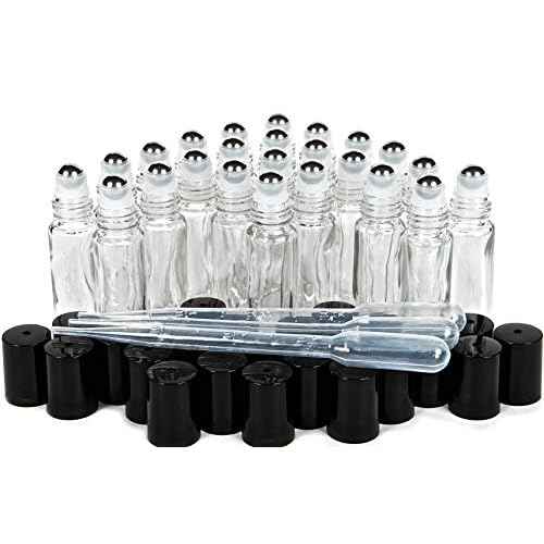Vivaplex, 24, Clear, 10 ml Glass Roll-on Bottles with Stainless Steel Roller Balls. 3-3 ml Droppers included