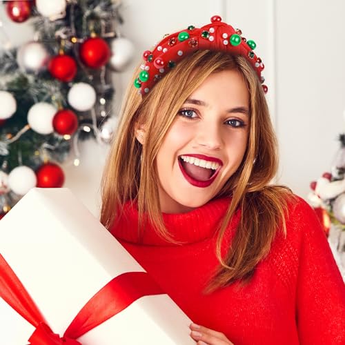 TailaiMei 2Pcs Christmas Rhinestone Knotted Headband for Women, Red & Green Jeweled Crystal Embellished Ladies Twist Wide Hair Band Accessories Holiday Makeup Hair Hoop Gifts (Pearl)