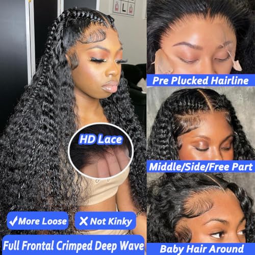13x6 Deep Wave Lace Front Wigs Human Hair 18 Inch HD Transparent Lace Frontal Wigs Human Hair Deep Wave Wigs For Women 200 Density Deep Curly Wigs Pre Plucked With Baby Hair