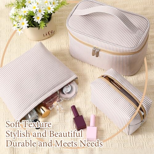 3 Pieces Seersucker Makeup Bag Set Cute Cosmetic Pouch for Women Travel Toiletry Bag Preppy Small Makeup Purse Pouch Aesthetic Skincare Brushes Storage Organizer for Women(Khaki)