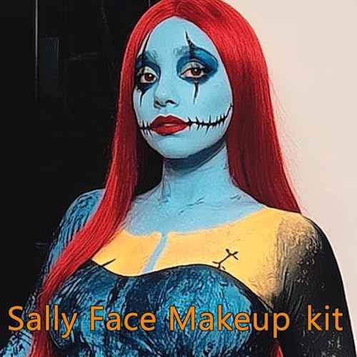 4 Pcs Sally Makeup Kit,Corpse Bride SFX Halloween Baby Blue ,Water Activated Face Paint Makeup Kit,Sally Face Costume Women Cosplay,Light Blue Body Paint+Eyeliner+Lipstick+Sponge