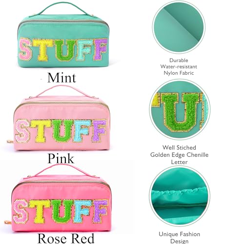 3Pcs Stoney Clover Preppy Makeup Bag, Stuff Bag Travel Makeup Cosmetic Bag, Chenille Letter Patch Open Flat Nylon Pouch, Mixed