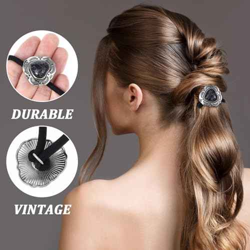 Ouligay 3 Pcs Western Ponytail Holders,Metal Boho Hair Ties with Turquoise,Boho Hair Ties Bracelet Hair Ties No Damage,Vintage Heart Hair Ropes,Silver Hair Bands,Hair Accessories for Women Girl