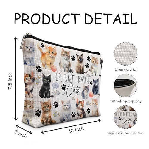 Life is Better with Cats Cosmetic Bag - Cute Cat Stuff, Makeup Bag & Toiletry Pouch for Cat Lovers