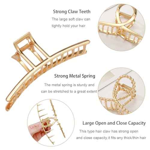 4 Pack Large Metal Hair Clips for Thin to Thick Curly Hair, 4.3 Inch Big Nonslip Gold Color Clamps, Perfect Fashion Jaw Claw Hair Styling Accessories for Women and Girls, Christmas Gifts