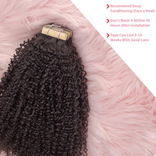 Invisible 4C Afro Kinky Curly Tape in Hair Extensions for Black Women Niawigs Black Color Real Human Hair Tape ins, 40PCS Double Sided PU Skin Weft 22 Inches