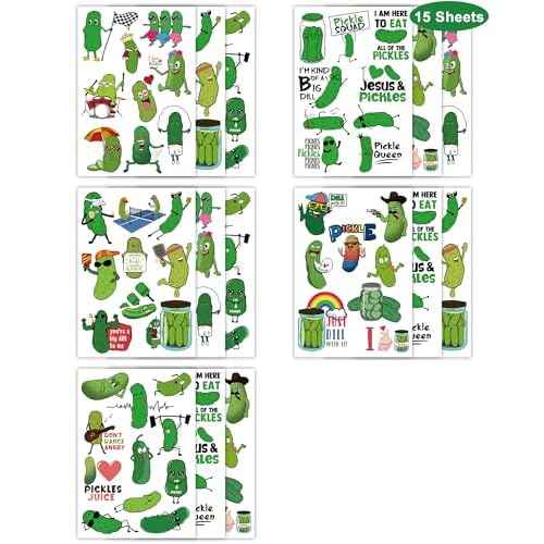 138Pcs Pickle Funny Temporary Tattoos Stickers - Green Pickle Tattoos Party Favors for Pickle Stuff Lovers, Pickle Birthday Party Decorations, 15 Sheets Pickle Themed Gifts