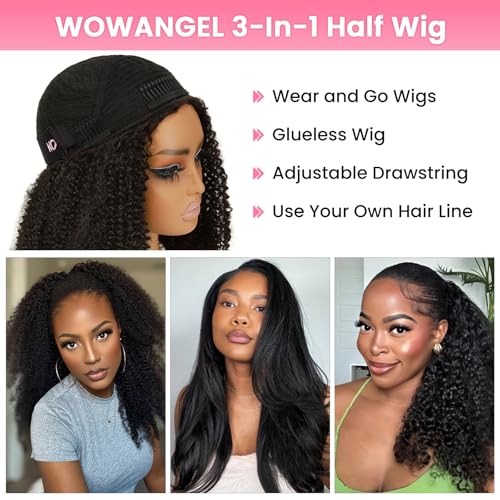 WOWANGEL Kinky Curly Half Wig Human Hair 3-in-1 Glueless Headband Wig with Drawstring, 200 Density Seamless Clip-Ins & Flip Over Design for Black Women,Natural Black(1B#),16 inch