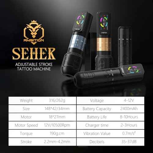 Ambition Seher Wireless Tattoo Machine with 6 Strokes Length 2.2mm-4.2mm Rotary Tattoo Gun Cartridge Pen with 2400mAh Touch Buttons LED Digital Display Coreless Motor for Tattoo Artist