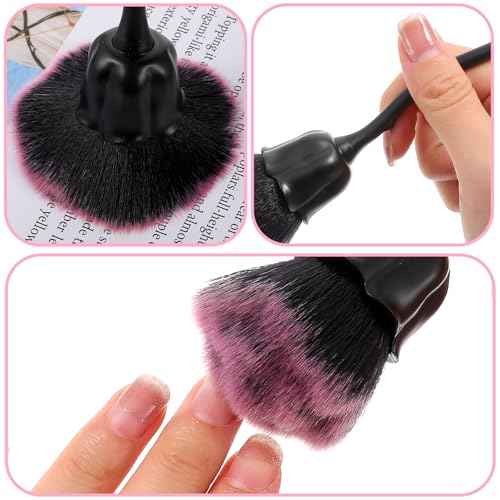 2Pcs Nail Dust Brush, Ultra Soft Nylon Powder Remover for Nails with Rose Shape Long Handle, Nail Art Cleaner Tools for Nails Trimming Cleaning Makeup (Black, Gold)