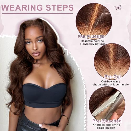 Chocolate Brown Lace Front Wig 30 Inch Chocolate Brown Human Hair Wig 7x5 Brown Glueless Human Hair Pre Plucked Pre Cut 200% Density Body Wave Glueless Dark Brown Wig for Women