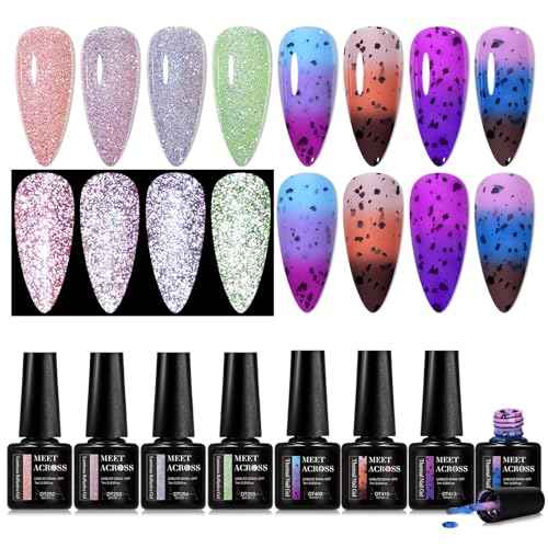 MEET ACROSS Gel Nail Polish Set, 8 Colors, UV/LED Soak Off (Luminous Diamonds + Eggshell Warming Gel, 8pcs)