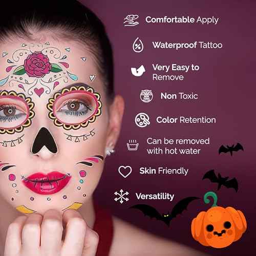 12 PCS Day of the Dead Costume Tattoos for Halloween - Temporary Sugar Skull Face Stickers for Makeup, Masquerade, Parties. Halloween tattoos, Face & Body Tattoos for Events. Day of the Dead Tattoos
