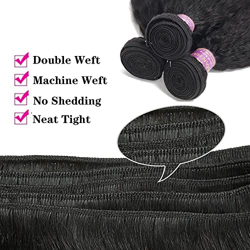 Kinky Straight Human Hair 3 Bundles With 4x4 Lace Closure Free Part 100% Unprocessed Brazilian Remy Yaki Straight Human Hair Extensions With Closure,Natural Black (12 12 12+10Closure)