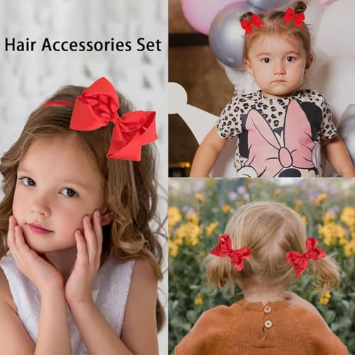 50PCS Red Hair Accessories Set - Grosgrain Ribbon Red Bows,Hair Clips,Hair Ties,Headbands, Uniform Hair Bows Accessories for Little Toddler Kids School Girls