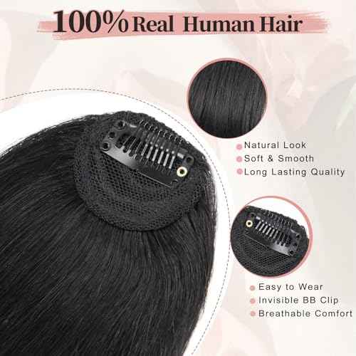 Clip in Bangs, 100% Real Human Hair Natural Black Fake Bangs Clip in Hair Extensions French Bangs Fringe with Temples Hairpieces for Women Curved Curtain Bangs for Daily Wear