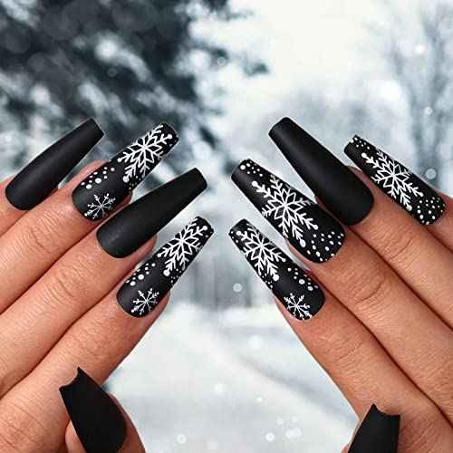 Florry Extra Long Coffin Fake Nails Christmas Snowflake Press on Nails Matte Acrylic Nails for Women and Girls 24Pcs (Snowflake)