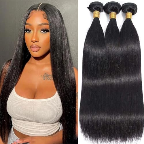 Straight Bundles Human Hair 20 22 24 Inch 100% Unprocessed Brazilian Virgin Hair 3 Bundles Human Hair Trippy Hair Bundle Extension for Black Women Natural Color