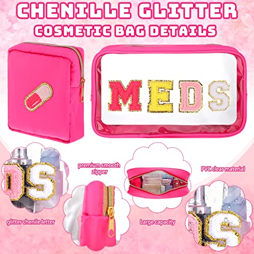 Hillban 2 Pcs Medicine Chenille Letter Bag Preppy Clear Nylon Portable Makeup Meds Cases for Travel PVC Transparent Mini First Aid Storage Bag Gift for Christmas Women(Lovely)