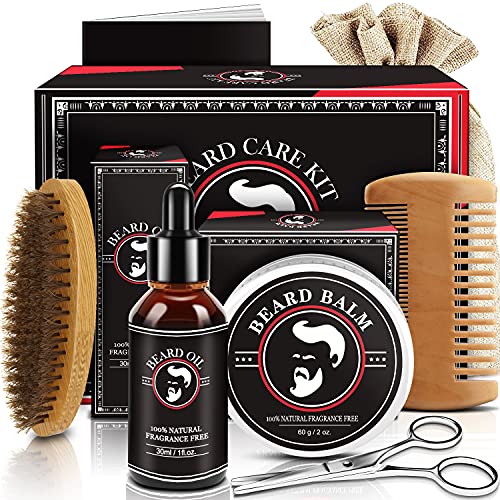 Fathers Day Dad Gifts, Beard Kit for Men, Beard Growth and Grooming Kit w/Beard Oil Beard Balm Beard Brush Beard Comb Beard Scissors, Birthday Gifts for Men Husband Him Grandpa Boyfriend Son Brother