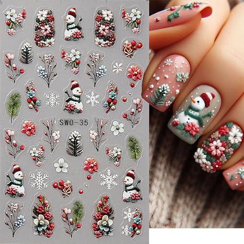 Christmas Nail Art Stickers Christmas Snowman Nail Sticker 3D Self-Adhesive Snowflake Nail Decal Flower Fruit Nail Art Supplies Holiday DIY Manicure Designs Nail Decoration for Women 3Pcs