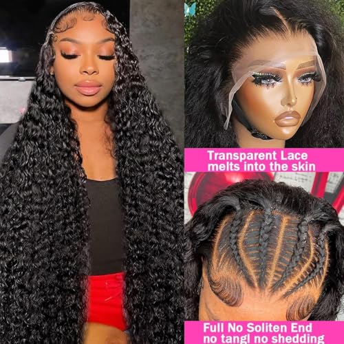 Deep Wave Lace Front Wigs Human Hair Pre Plucked 180 Density 13x4 HD Transparent Lace Frontal Wigs for Black Women Deep Curly Human Hair Lace Front Wigs (28 Inch)