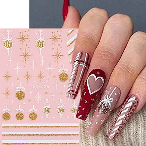 6 Sheets 3D Snowflakes Nail Art Stickers Self-Adhesive Nail Art Supplies Christmas Nail Stickers White Gold Design Shiny Frosted French Stripe Elk Xmas Tree Winter Nail Decals for Women DIY Nail Decor