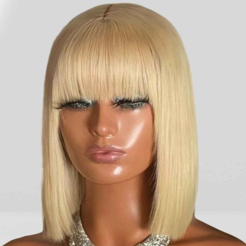 613 Blonde Bob Wig with Bangs Human Hair Realistic HD Lace on Top Straight 613 Wigs for Black Women 10 Inch Ready to Go Blunt Cut Glueless Bob Wig 150% Density Middle Parting