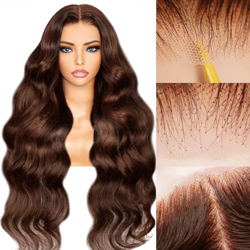 Chocolate Brown Lace Front Wig 30 Inch Chocolate Brown Human Hair Wig 7x5 Brown Glueless Human Hair Pre Plucked Pre Cut 200% Density Body Wave Glueless Dark Brown Wig for Women