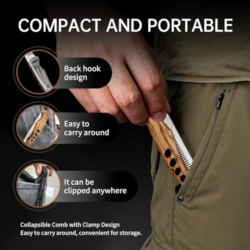 1PC Small Folding Pocket Beard & Mustache & Hair Styling Comb for Men - Metal Tactical Grooming Tool with Wooden Handle, with 180¡Æ Rotatable for Outdoor Travel & Home Use - Length 6.57inch