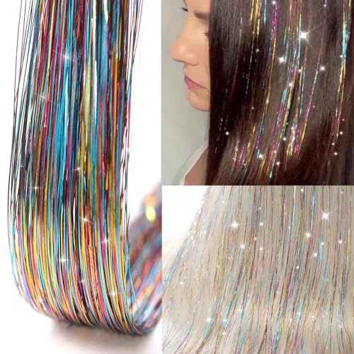 Hair Tinsel 12Pcs Clip in Rainbow Hair Accessories 20.5 Inch Fairy Hair Tinsel Kit for Women Girls Kids Glitter Extensions for Christmas Halloween New Year Party (Rainbow)