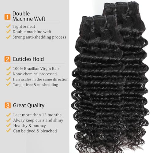 Deep Wave Bundles Human Hair 16 18 20 Inch Deep Curly Bundles 12A Grade 100% Unprocessed Brazilian Virgin Hair Wet and Wavy Bundles Double Weft Natural Black Color