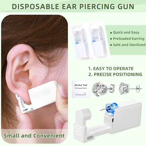 24 Pcs Ear Piercing Kit Disposable Ear Piercing Gun Kit with 8 Pcs Self Piercing Gun and 8 Pcs Silver Earrings Stud 8 Pcs Cleaning Pads